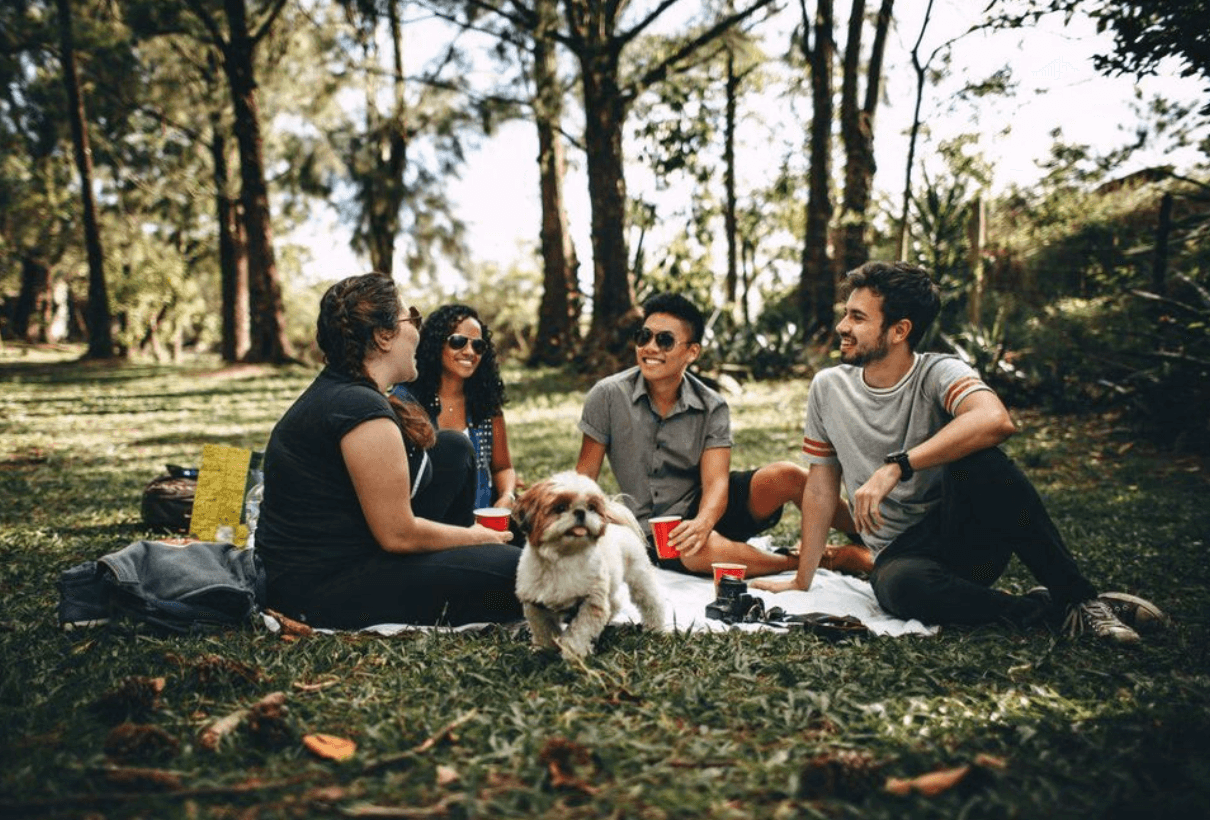 group of people and dog sitting on blanket with trees in background
